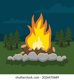 bonefire or campfire in the forest background, vector illustration