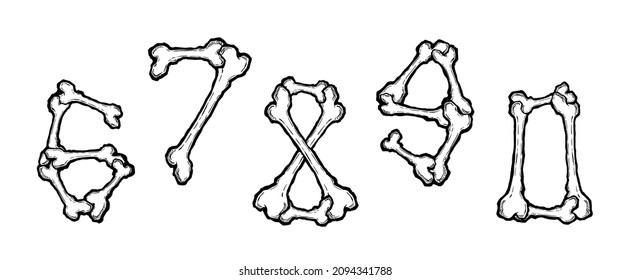 Bones alphabet digits. Vector illustration in cartoon style on white background. Set 9