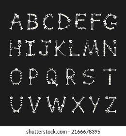Bones alphabet. Bones font. Skull, spine, jaw and pelvis. Hellish scary alphabet. Hand drawn flat vector illustration.