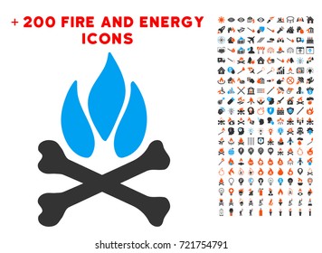 Bones Campfire pictograph with bonus flame icon set. Vector illustration style is flat iconic elements for web design, application user interface.