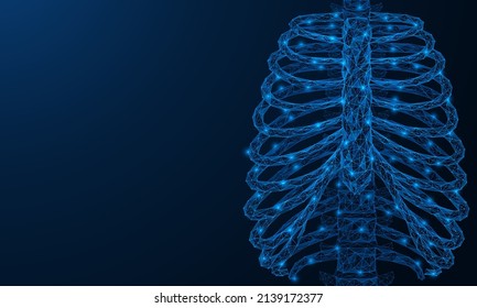 Huesos del pecho. Costillas del esqueleto humano. Vista frontal. Diseño poligonal de líneas y puntos interconectados. Fondo azul.