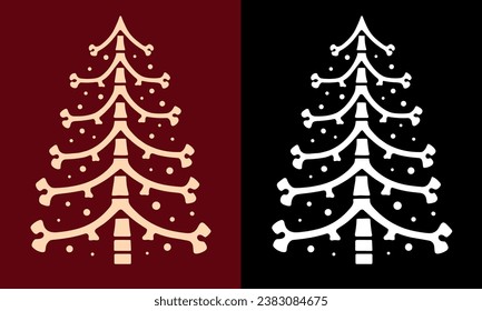 Bones Christmas tree illustration for gothic Christmas decorations. Creepy holiday season skeleton aesthetic. Minimalist vector for printable products.