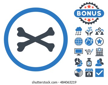 Bones Cross icon with bonus images. Vector illustration style is flat iconic bicolor symbols, smooth blue colors, white background.