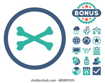 Bones Cross icon with bonus images. Vector illustration style is flat iconic bicolor symbols, cobalt and cyan colors, white background.