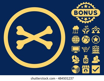 Bones Cross icon with bonus pictogram. Vector illustration style is flat iconic symbols, yellow color, blue background.