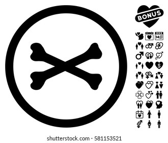 Bones Cross icon with bonus romantic graphic icons. Vector illustration style is flat iconic black symbols on white background.
