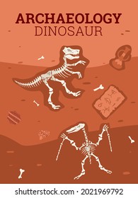 Bones, dinosaur skeletons, ancient objects, treasures in flat cartoon style vector illustration. Template for poster with archaeological and paleontological finds underground in different soil layers.