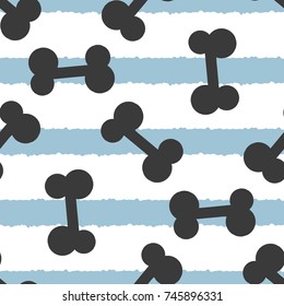 Bones for dogs on a striped background. Seamless pattern. Vector illustration. White, blue, black colour.