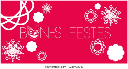 Bones Festes - Happy Holidays lettering written in catalan and hand drawn tio de Nadal, or Christmas Log. Flat vector illustration for posters, prints, cards, seasonal design, decoration, events, web.