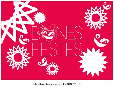 Bones Festes - Happy Holidays lettering written in catalan and hand drawn tio de Nadal, or Christmas Log. Flat vector illustration for prints, cards, posters, decoration, seasonal design, events, web.