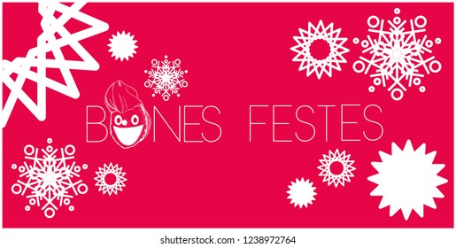 Bones Festes - Happy Holidays lettering written in catalan and hand drawn tio de Nadal, or Christmas Log. Flat vector illustration for cards, posters, prints, decoration, events, seasonal design, web.