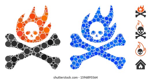 Bones fire mosaic of circle elements in various sizes and color tinges, based on bones fire icon. Vector circle elements are united into blue composition.