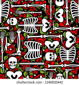 Bones and flowers pattern seamless. Skeleton Skull and roses background. Death and love texture
