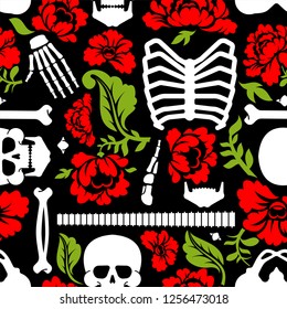 Bones and flowers pattern seamless. Skeleton Skull and roses background. Death and love texture

