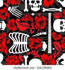 Bones and flowers pattern seamless. Skeleton Skull and roses background. Death and love texture

