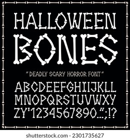 Bones font for Halloween or horror movie logo design. Hand drawn typeface, stencil capital letters  numbers and symbols made of bones and joints on a black background. Vector illustration.