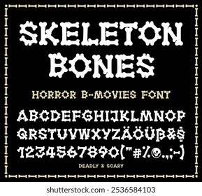 Fonte Bones para Halloween ou horror logotipo do filme ou design de pôster. Tipo desenhado à mão, letras maiúsculas em negrito, números e símbolos feitos de ossos e articulações em um fundo preto. Ilustração vetorial.