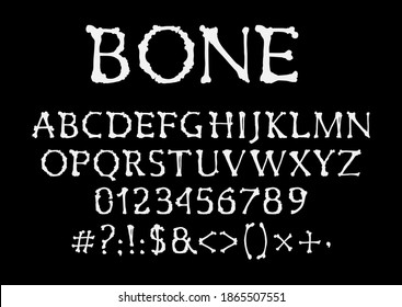 Bones font, halloween vector type, uppercase alphabet letters, digits and symbols. Skeleton pirate style spooky typeface, numbers and signs. Capital english bone cartoon font scary characters set