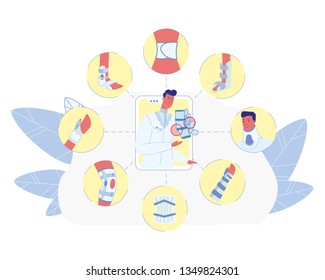 Bones Fracture, Joints Trauma or Injury Treatment Flat Vector Banner or Poster with Broken Human Leg, Hand and Neck in Orthopedic Cast, Gypsum Bandage, Male Doctor Consulting Patient Illustration