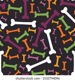 Bones Halloween Seamless repeating background pattern. Colors of orange, black, green, purple and white