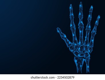 Bones of the hand. Polygonal design of lines and dots. Blue background.