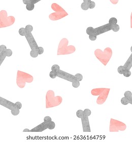 Bones and hearts seamless pattern. Vector watercolor pets illustration