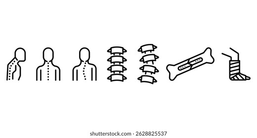 Bones icon set with spine fracture orthopedic vertebrae skeleton posture injury plaster cast medical vector illustration in flat outline style.