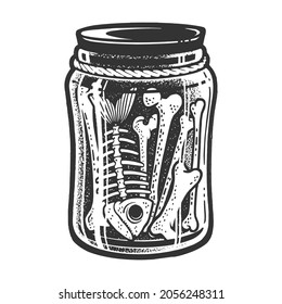 bones in a jar witchcraft ingredients sketch engraving vector illustration. Halloween illustration. T-shirt apparel print design. Scratch board imitation. Black and white hand drawn image.