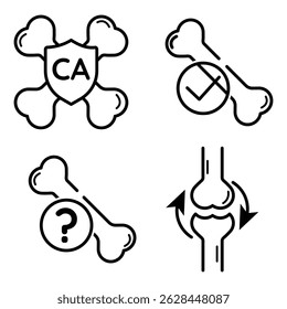 Ícone de articulação óssea definido com cálcio, osso saudável, diagnóstico, rotação e símbolos esqueléticos em ilustração vetorial para conceitos ortopédicos médicos.