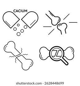 Bones joint icon set with calcium supplement, fracture, impact, pain and x-ray inspection in orthopedic medical vector illustration concept.