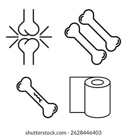 Bones joint icon set with fracture, connection, medical symbols and skeleton illustration in vector line style for orthopedic use.
