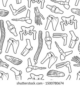 Bones and joints monochrome seamless pattern. Vector human spine pelvis, shoulder scapula, wrist with fingers and foot ankle. Orthopedic background, anatomical body parts, rheumatology medicine