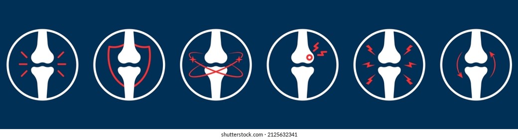 Bones Pain Icon Set. Rheumatology and Traumatology Concept. Ache of Knee, Hand, Leg Skeleton. Bones Joint Illness Icon. Arthritis, Osteoporosis, Bone Injury and Inflammation. Vector Illustration.