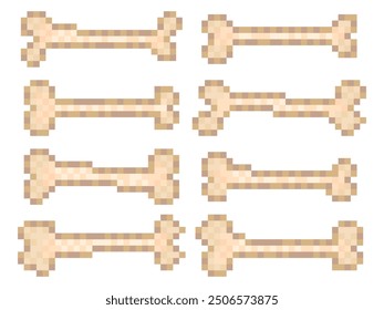 Bones in pixel art icon set isolated on white background. Halloween pattern of 8-bit skeleton bones in the style of classic graphics of retro games of the 80s. Vector illustration