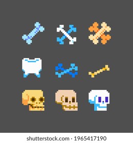 Bones pixel art icons, skull character. Design for logo game, Halloween greeting card, sticker, web, mobile app, badges and patches. Isolated vector illustration. Game assets.