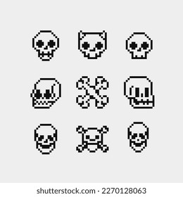 Bones pixel art icons, skull character. Design for logo game, Halloween greeting card, sticker, web, mobile app, badges and patches. Isolated vector illustration. Game assets. 