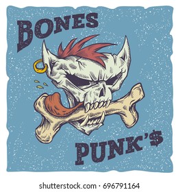 Bones Punks vector illustration. Ink color line on blue background. Grunge background