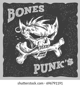 Bones Punks vector illustration. Ink line vector on dark background. Grunge background