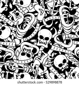 Bones seamless pattern. Skeleton background. Skull ornament. Anatomy texture. Hell. cranium and spine. jaw and pelvis. Halloween template. Religion design
