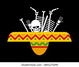 Bones in sombrero. Day of dead in mexico sign. Dia de los Muertos Mexican holiday symbol  