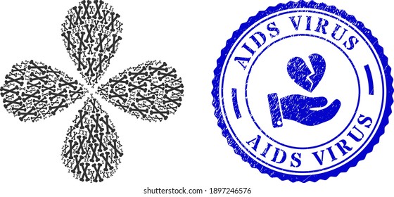 Bones swirl flower with four petals, and blue round AIDS VIRUS grunge badge with icon inside. Object flower with 4 petals combined from oriented bones items. Vector flower collage in flat style.