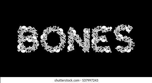 Bones typography. Letters from dearh. Anatomy lettering. Skull and spine. jaw and pelvis