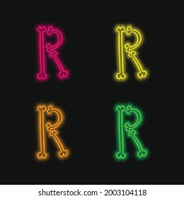 Bones Typography Outline Of Letter R four color glowing neon vector icon