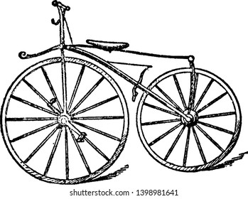 Boneshaker Bicycle es un nombre que se usa desde aproximadamente 1869 hasta el momento actual para referirse al primer tipo de verdadera bicicleta con pedales, dibujo vintage de líneas o ilustración de grabado.