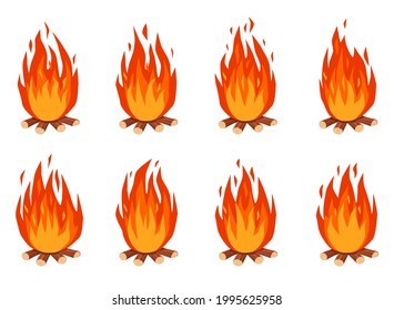 Bonfire-Animation. Cartoon brennend Lagerfeuer mit Feuerholz. Feuer Flammen Effekt animierte Sprites Frames für i Spiel Design Vektorset. Helles und facettenreiches Feuer einzeln auf Weiß