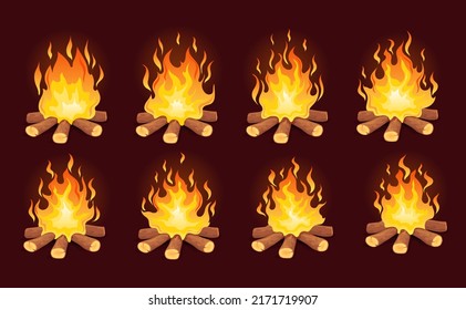 Bonfire animation. Loop animated fire, game campfire cartoon frame energy 2d burn forest woods storyboard sprite sequence bondfire combustion effect vector illustration. Fire burn motion and animation