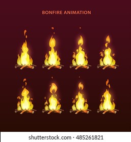 Bonfire Animation Sprites, Vector Flame Video Frames For Game Design. Fire Storyboard.