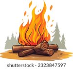 bonfire, autumn, nature, illustration, background, outdoor, cartoon, holiday, forest, campfire, summer, camp, season, fire, night, fall, wood, tree, tourism, travel, hiking, design, adventure, tent, f