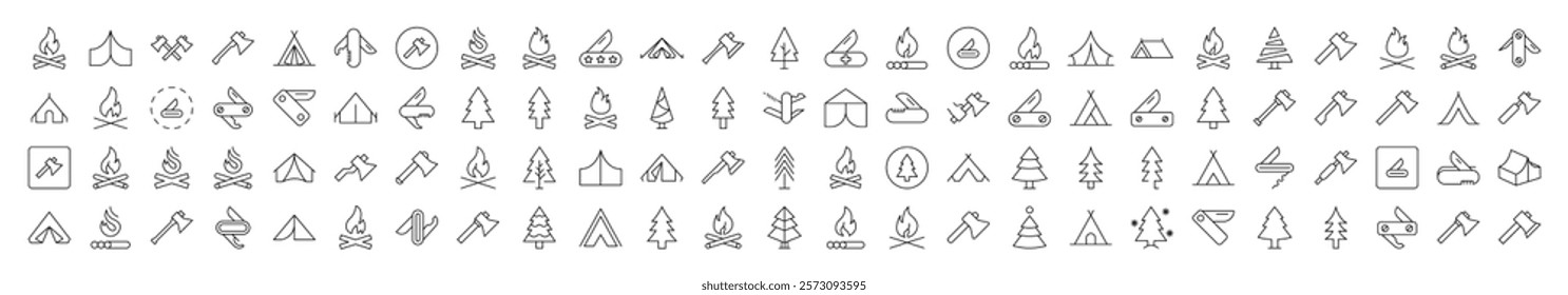 Bonfire, Axe, Tent, Tree, Knife Simple Icon Collection. Editable Stroke. Perfect for Infographics, Articles, Books, Flyers, Banners