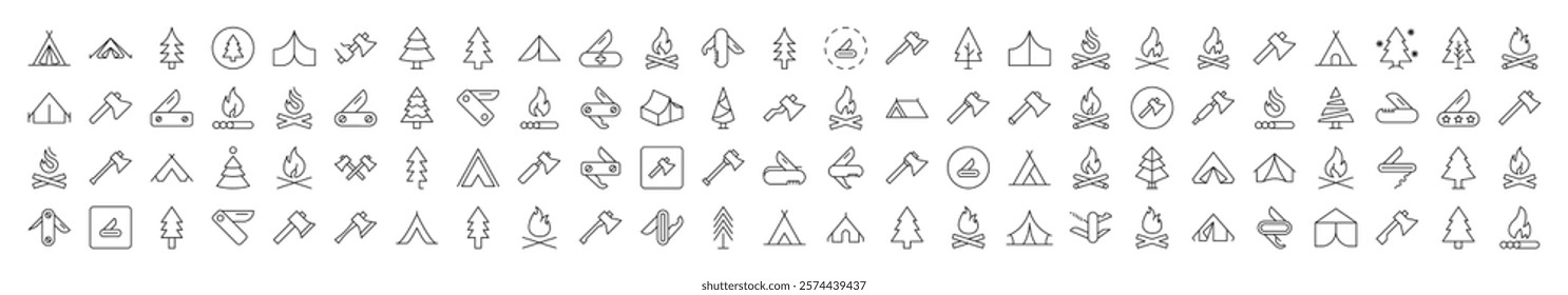 Bonfire, Axe, Tent, Tree, Knife Line Icon Collection. Editable Stroke. Perfect for Infographics, Articles, Books, Flyers, Banners